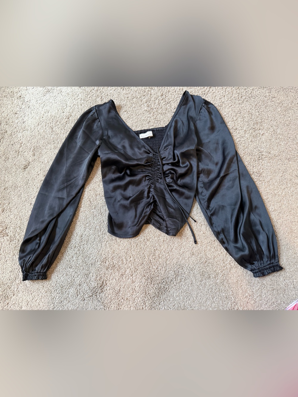 Abercrombie & Fitch Black Satin Drawstring Waist Blouse